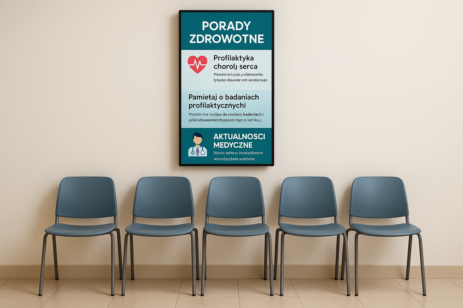 Stwrz przestrze poczekalni w ktrej znajduj si krzesa a na cianie wisi ekran w pionie proporcjonalny do krzese nie za duy Ekran ten wywietla rnorodne treci dotyczce zdrowia takie jak porady zdrowotne informacje o profilaktyce oraz aktualnoci medyczn-1