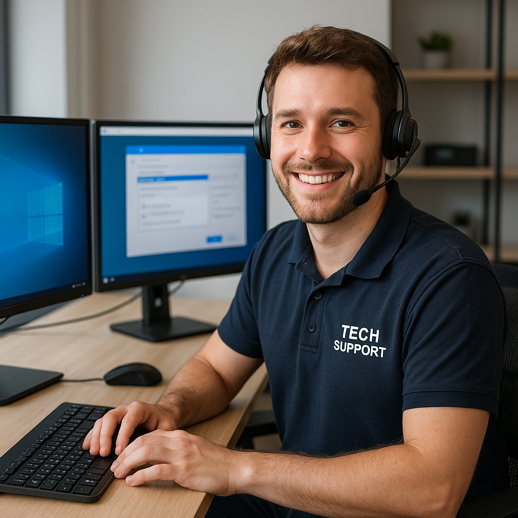 generate a caucasian smiling tech support guy sitting at modern desk with 2 turned on monitors